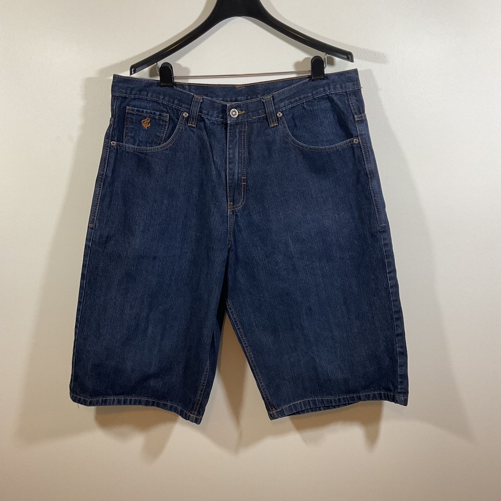 Rocawear Mens Dark Wash Embroidered Denim Shorts 40 Relaxed Y2K Urban Skater 90s